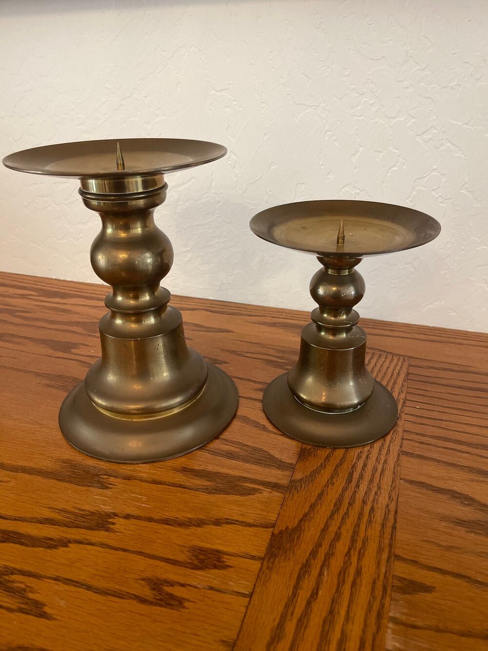 Vintage Mid Century Brass Pillar Candle Holders Set of 2 Made In Hong Kong